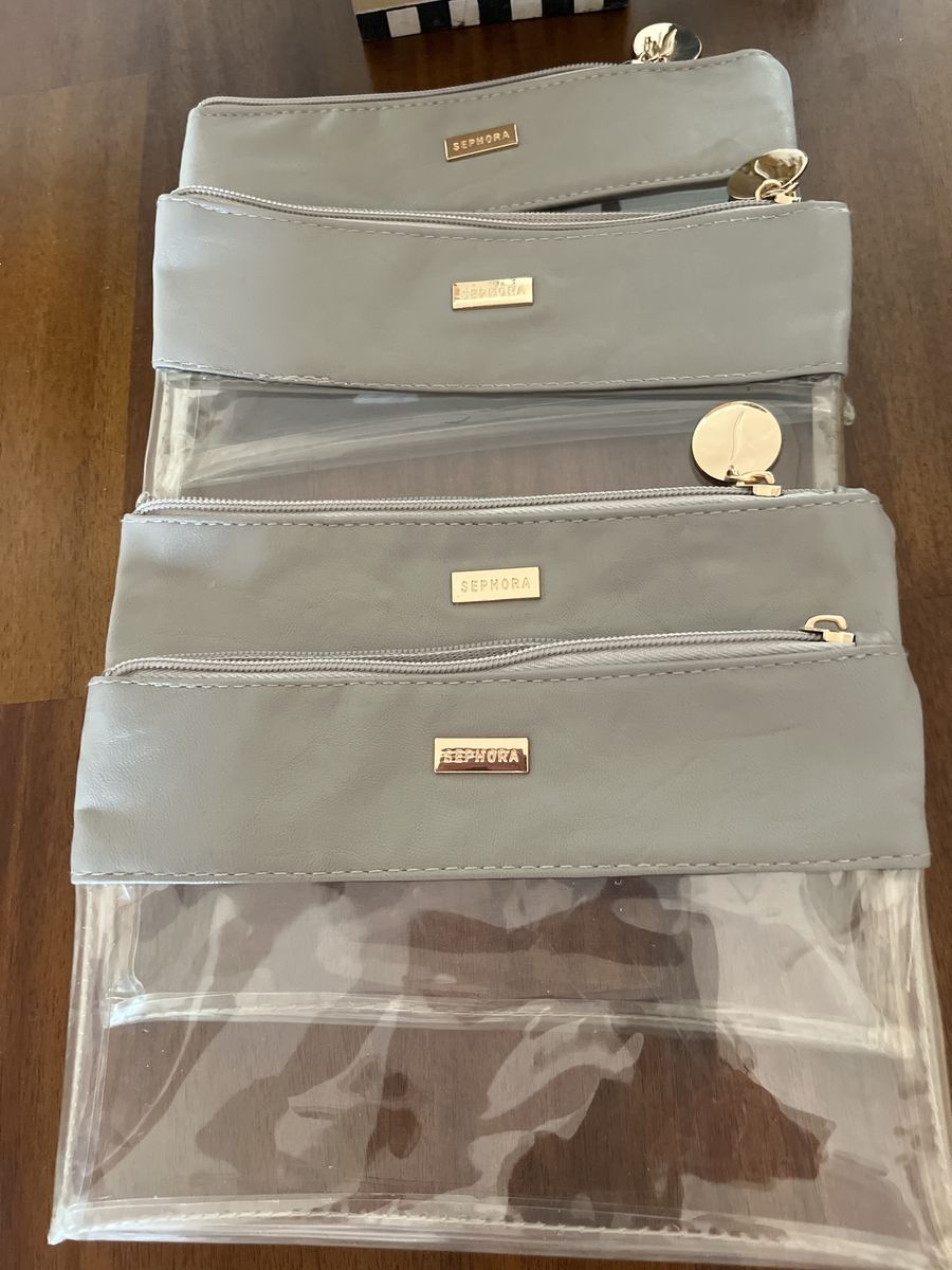 Lot of 4 Sephora Clear & Gray Zipper Makeup Travel Pouches with Gold Hardware