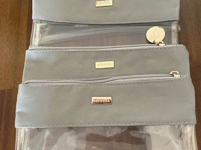 Lot of 4 Sephora Clear & Gray Zipper Makeup Travel Pouches with Gold Hardware