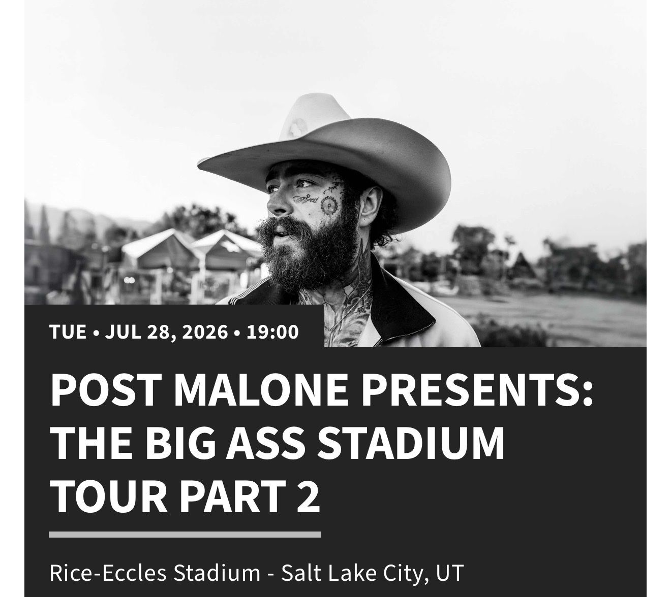 Post Malone The Big Ass Stadium Tour Part 2 Ticket - Salt Lake City, Rice-Eccles Stadium