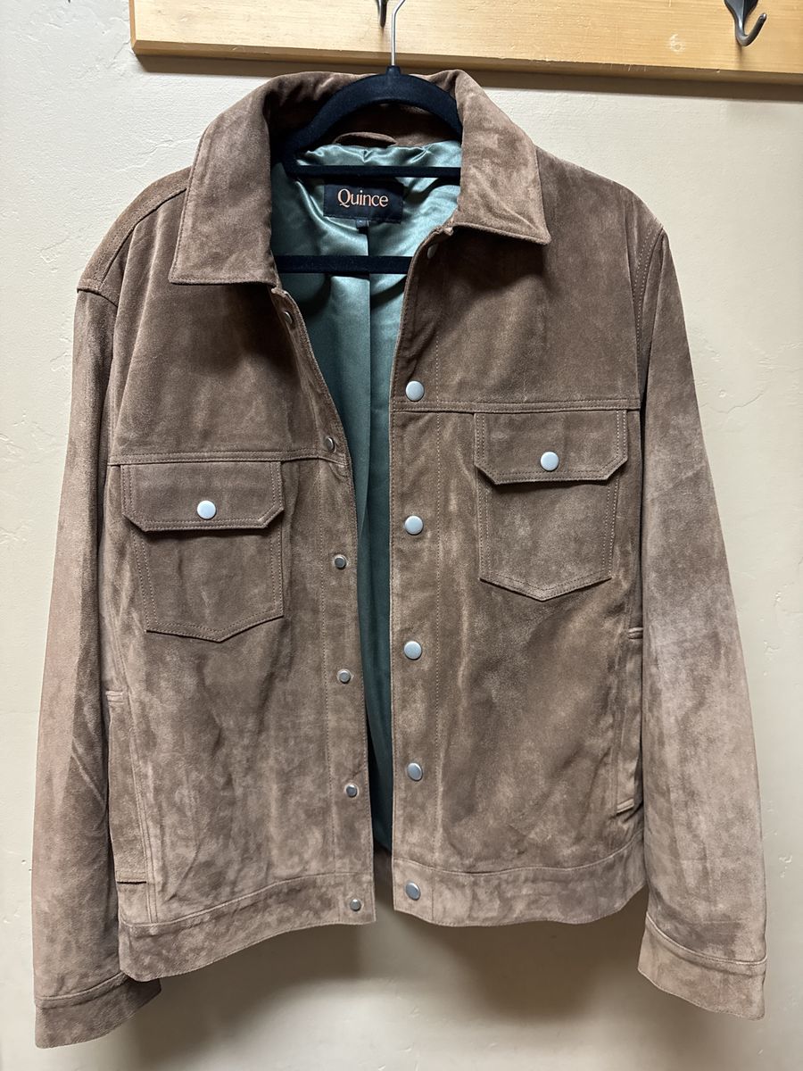 Quince Men's L Suede Trucker Jacket - Brown, Collared, Snap Front, Pockets