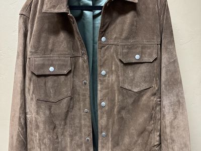 Quince Men's L Suede Trucker Jacket - Brown, Collared, Snap Front, Pockets
