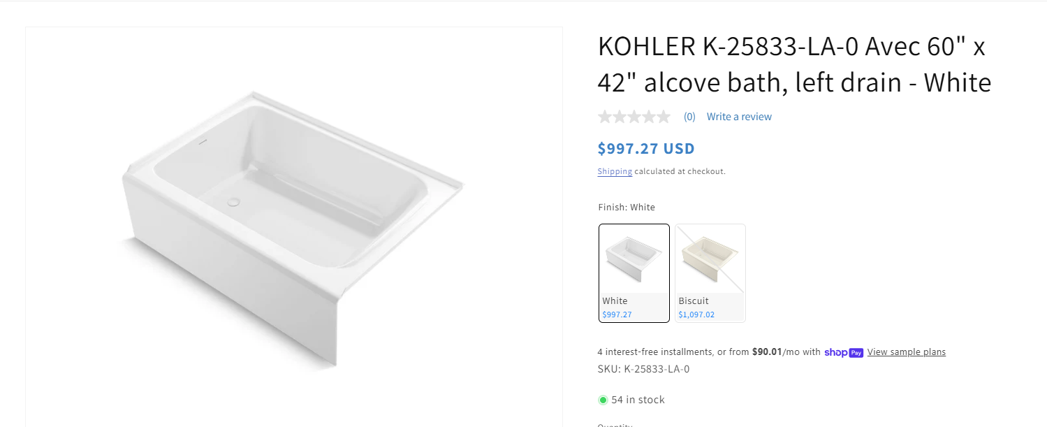 New Bath Tube KOHLER K-25833-LA-0 60" x 42" alcove bath, left drain -White