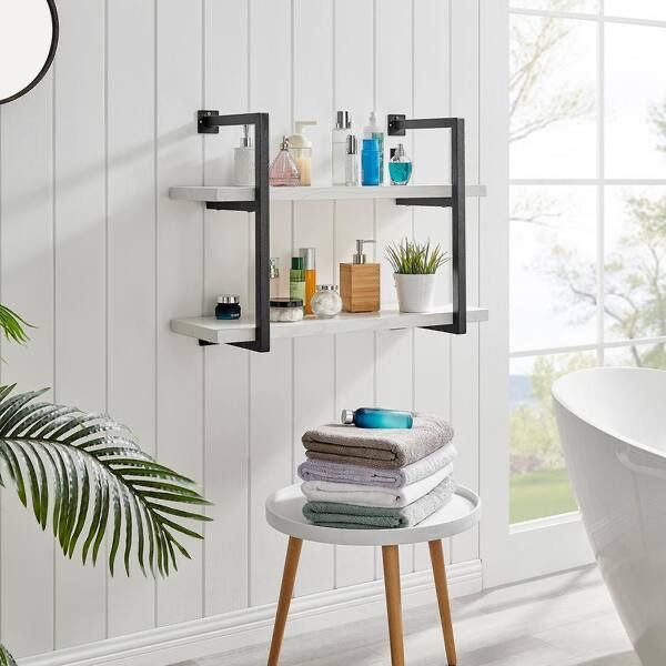 Danya B 2‑Tier Wall Shelf – Black Metal & White Wood – Brand New