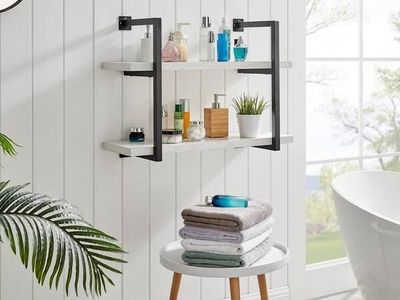 Danya B 2‑Tier Wall Shelf – Black Metal & White Wood – Brand New