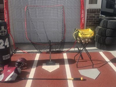 $250 OBO PowerNet Baseball Practice Net with Ball Caddy and Batting Tee, Turf batters box and older Mizuno catchers gear.