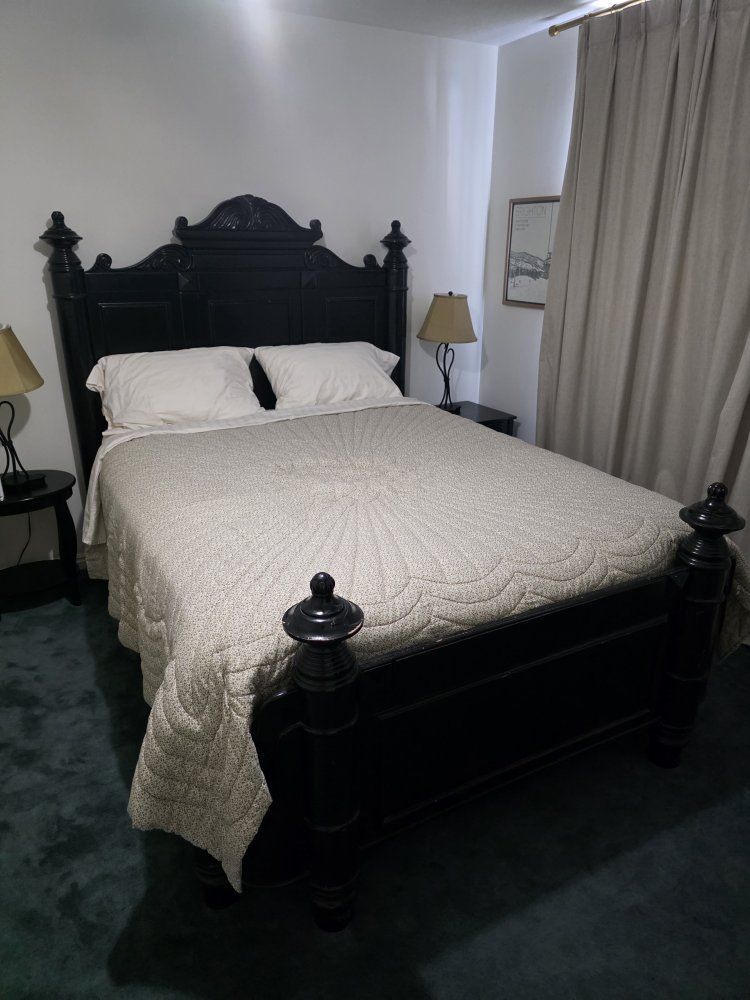 Queen Size Black Wooden Bed Frame with Carved Headboard and Footboard