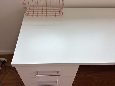 White L Shaped Sit and Standing Desk with drawers