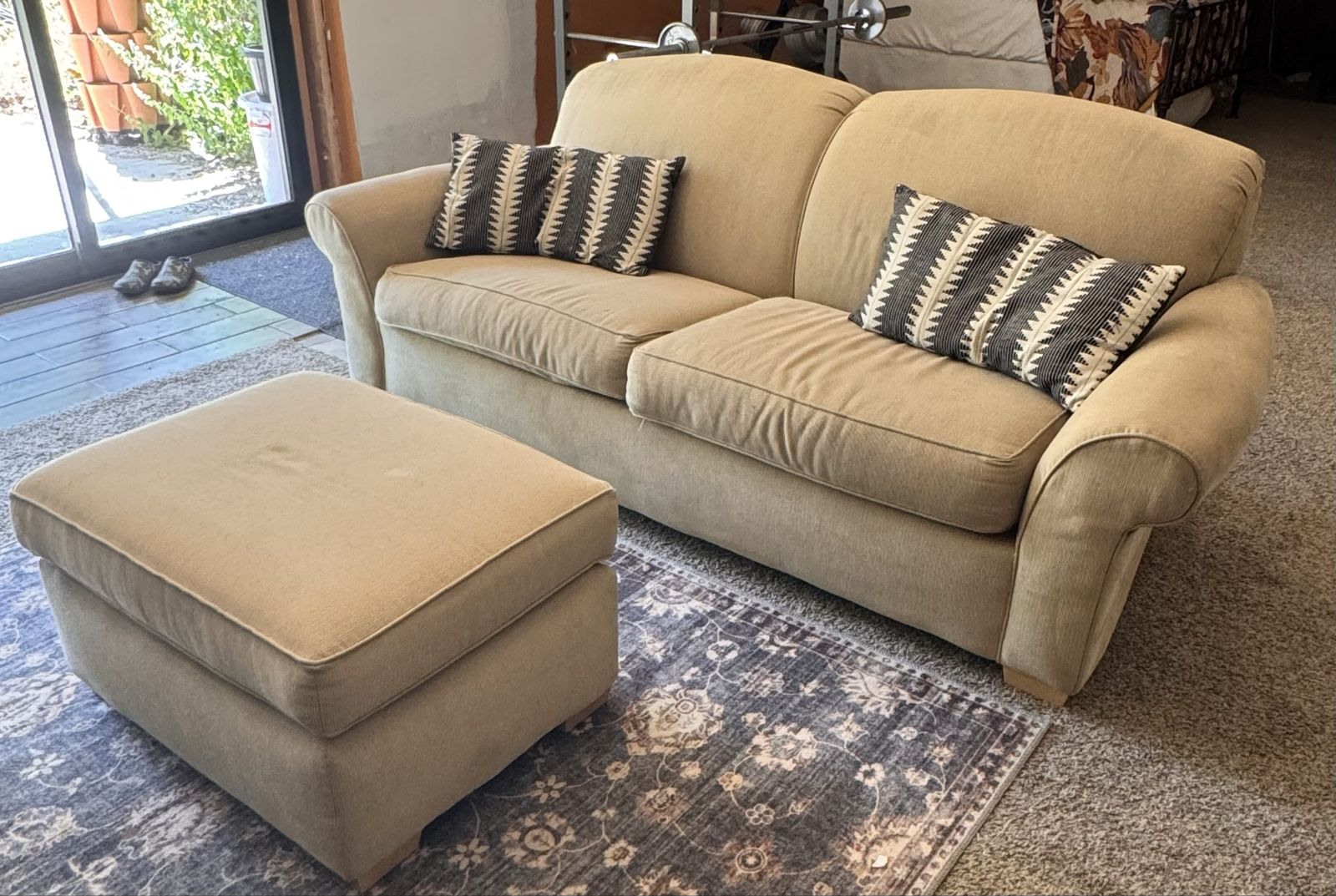 Tan fabric couch loveseat & ottoman