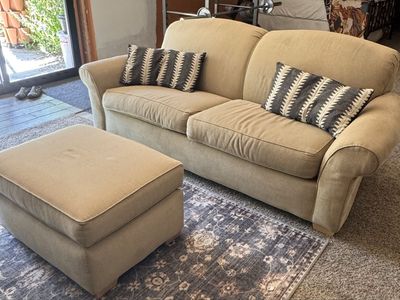 Tan fabric couch loveseat & ottoman