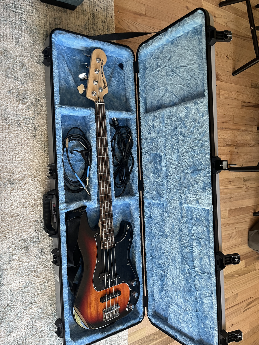Squier Precision Bass, amp, aux, hard case w/ lock