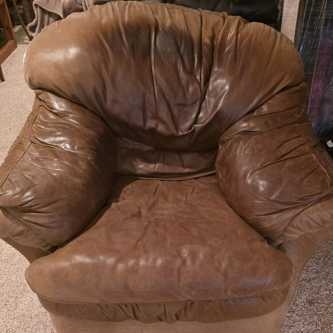 Natural leather love seat and chair with ottoman