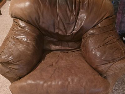 Natural leather love seat and chair with ottoman