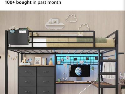 Brand new DICTAC Metal Twin Loft Bed with L-Shaped Desk, 7 Drawers & Charging Station - Black