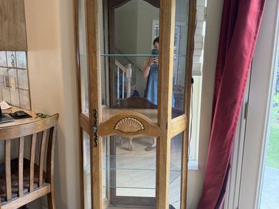 Wooden Display Cabinet with Glass Shelves & Scallop Detail - Corner Curio