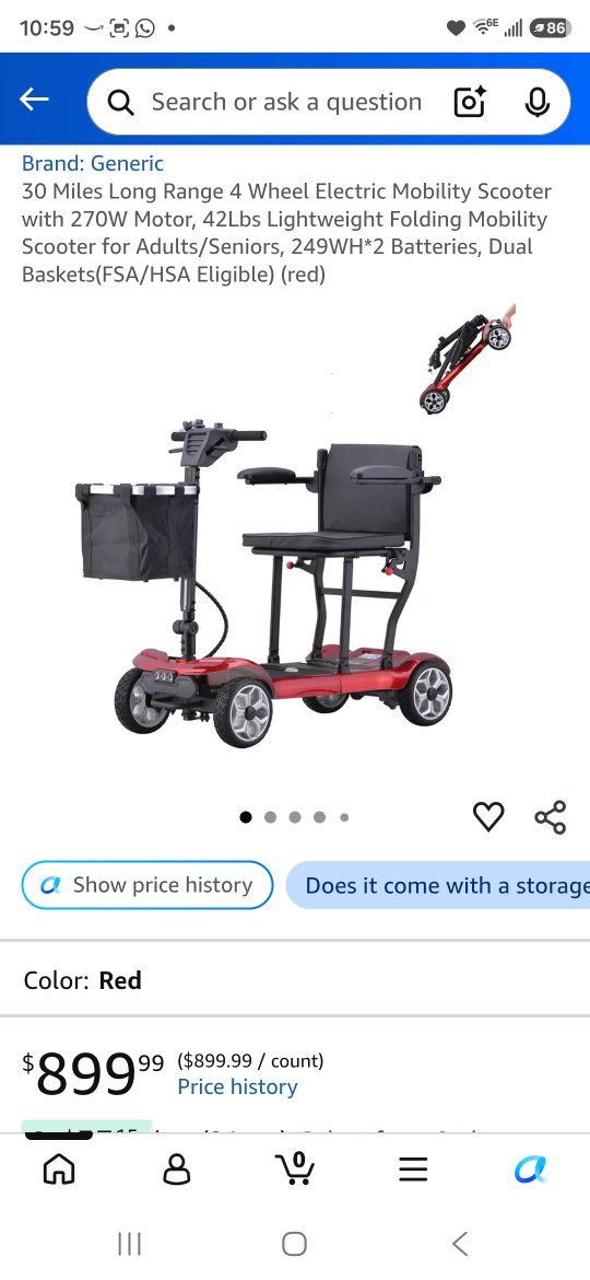 HASBSKY 30 Miles Range 4-Wheel Electric Mobility Scooter, Red, 270W Motor, Dual Baskets, FSA/HSA Eligible