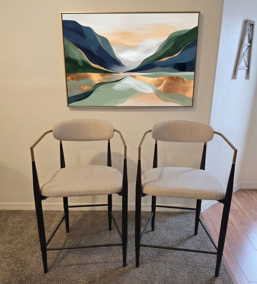 Dexmalle Set of 2 Beige Counter Stools with Black and Brass Frame