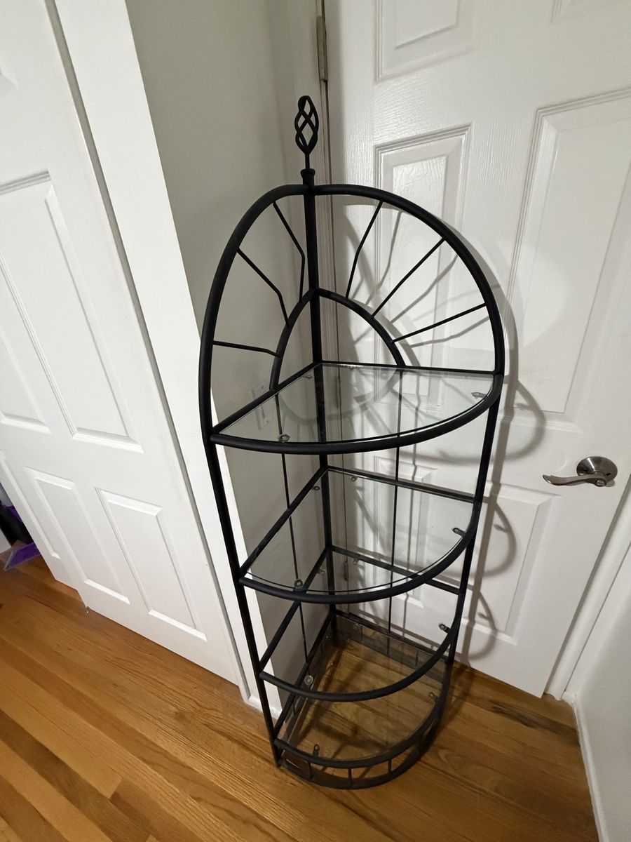 Black Metal Corner Etagere Display Shelf with Glass Shelves