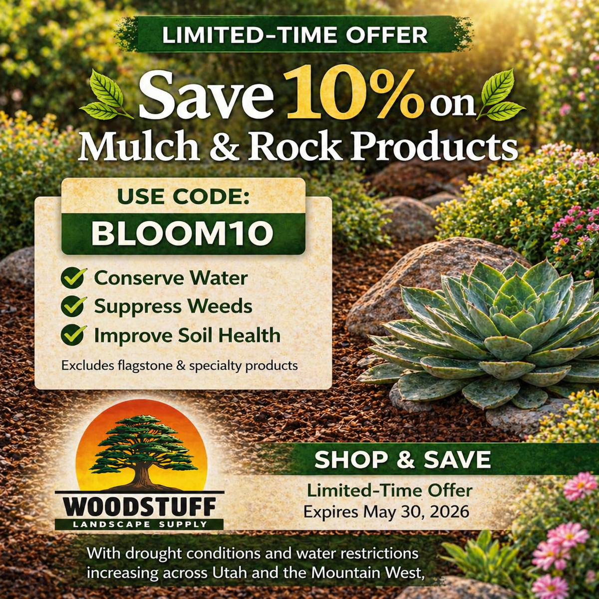 Top Soil, Garden Soil Mix, Mulch, Rock (10% off Soil and Rock Products. Use Bloom10 Code)