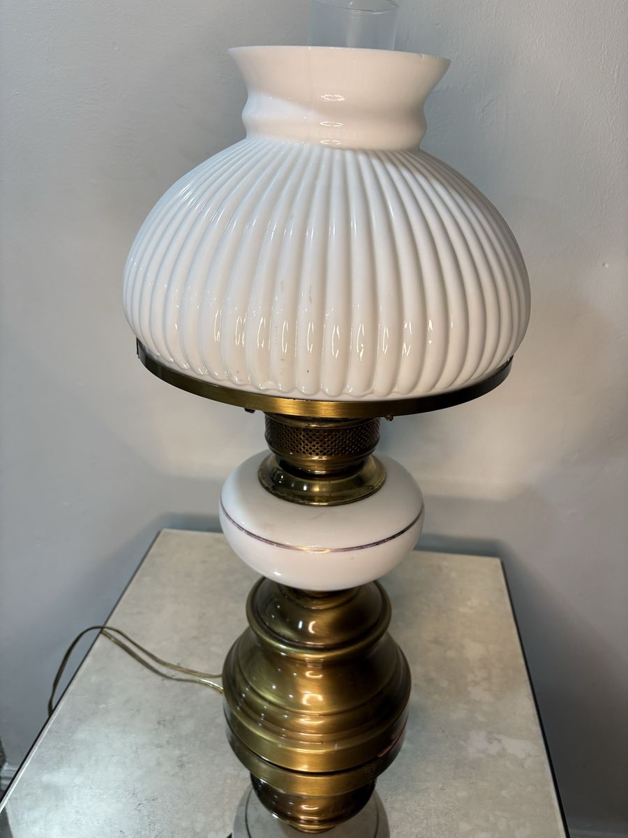 Vintage Hurricane Table Lamp Brass & White Milk Glass 25.5"