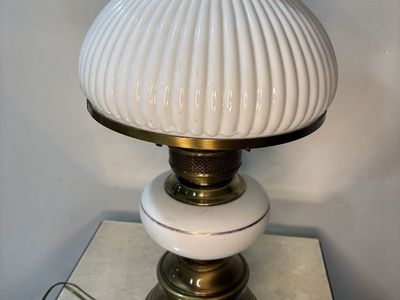 Vintage Hurricane Table Lamp Brass & White Milk Glass 25.5"