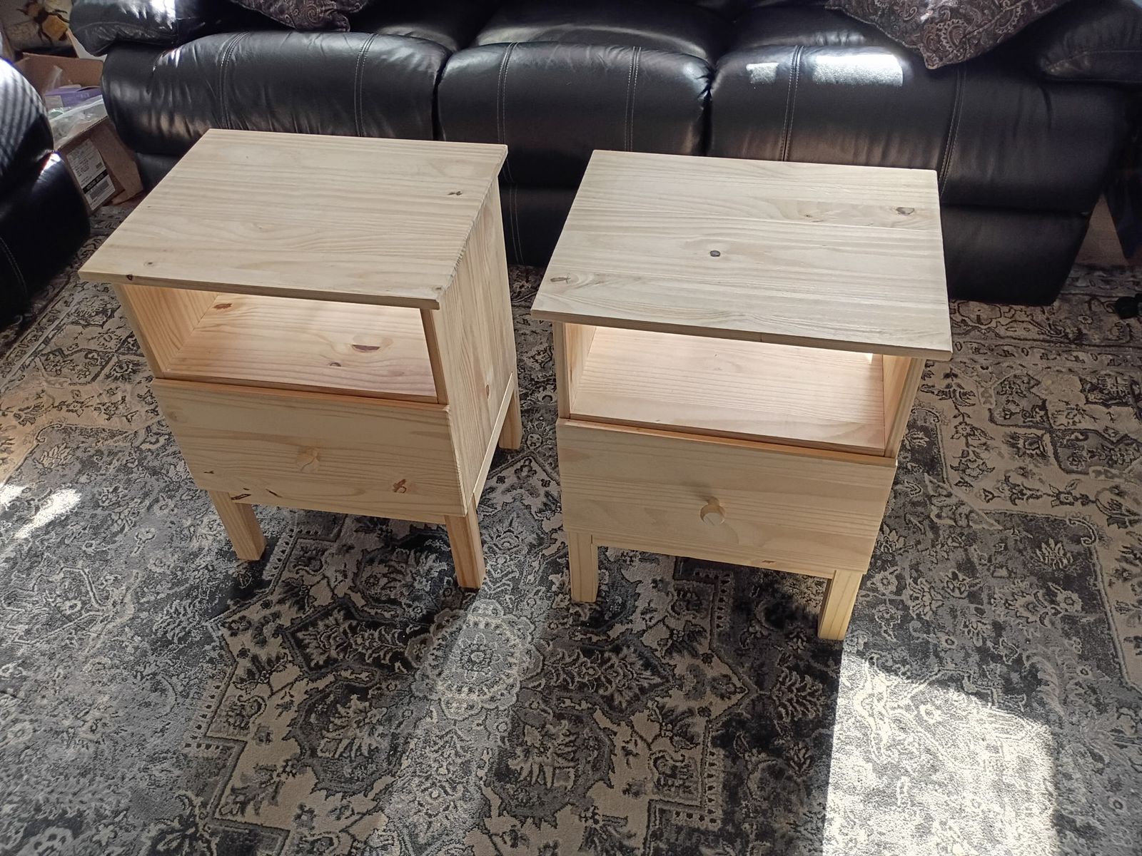 Pair of Light Wood Nightstands / End Tables with Drawer & Open Shelf - Unfinished Pine