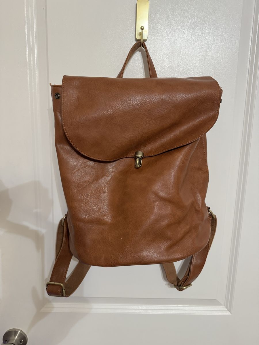 Brown Faux Leather Flap Top Backpack - Adjustable Straps & Turn-Lock Closure