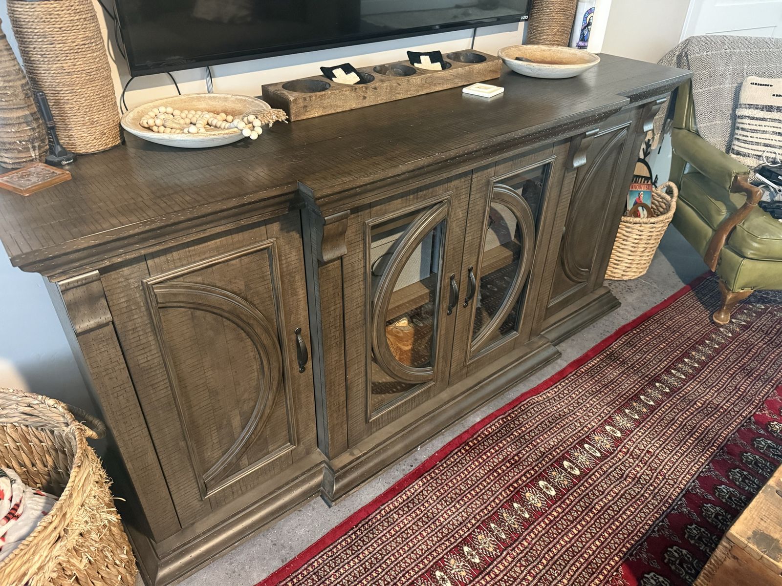 Rustic Farmhouse Style Entertainment Center/TV Console - Dark Wood Finish