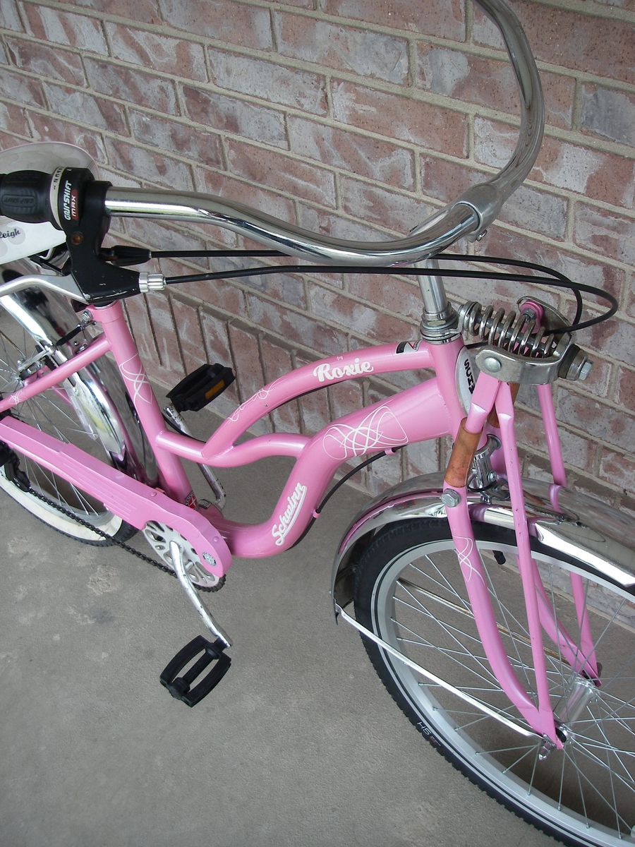 Womens 7-Speed 26” SCHWINN Cruiser Bike, Pink, Fenders, Shocks ( Vintage Springer Style ), 17” Frame, 26 Inch