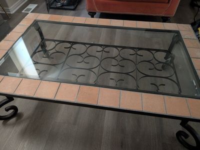 Glass Top Coffee Table with Tile Edging & Wrought Iron Base - Stylish & Durable
