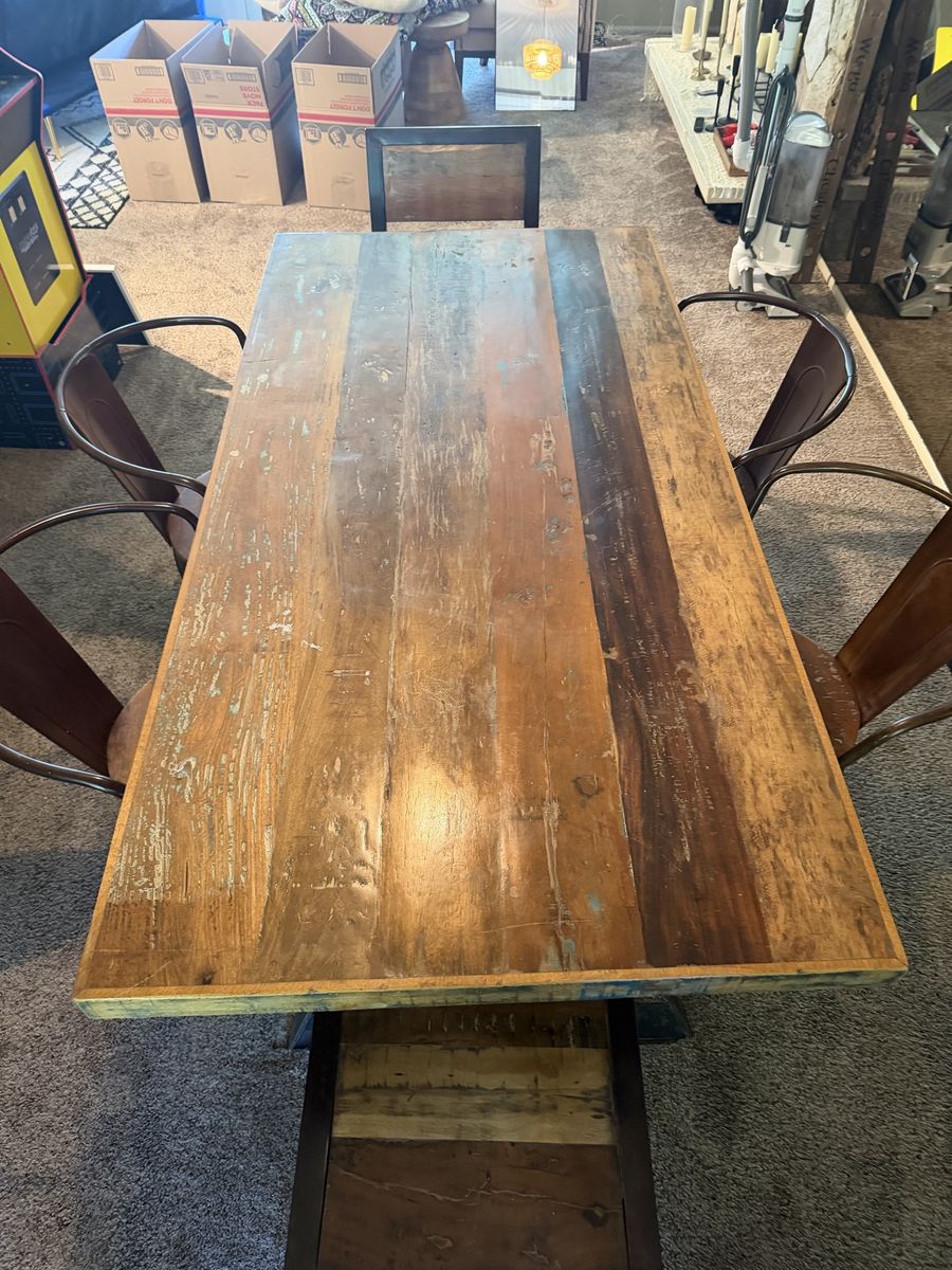 Boho Rustic Solid Dining Table & 7 Chairs - Distressed Metal & Wood Set
