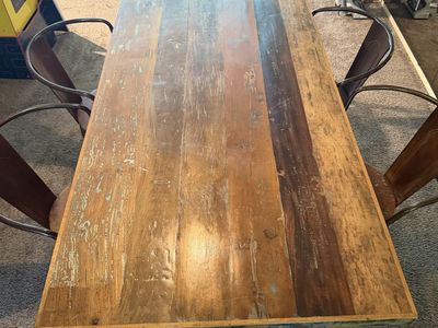Boho Rustic Solid Dining Table & 7 Chairs - Distressed Metal & Wood Set