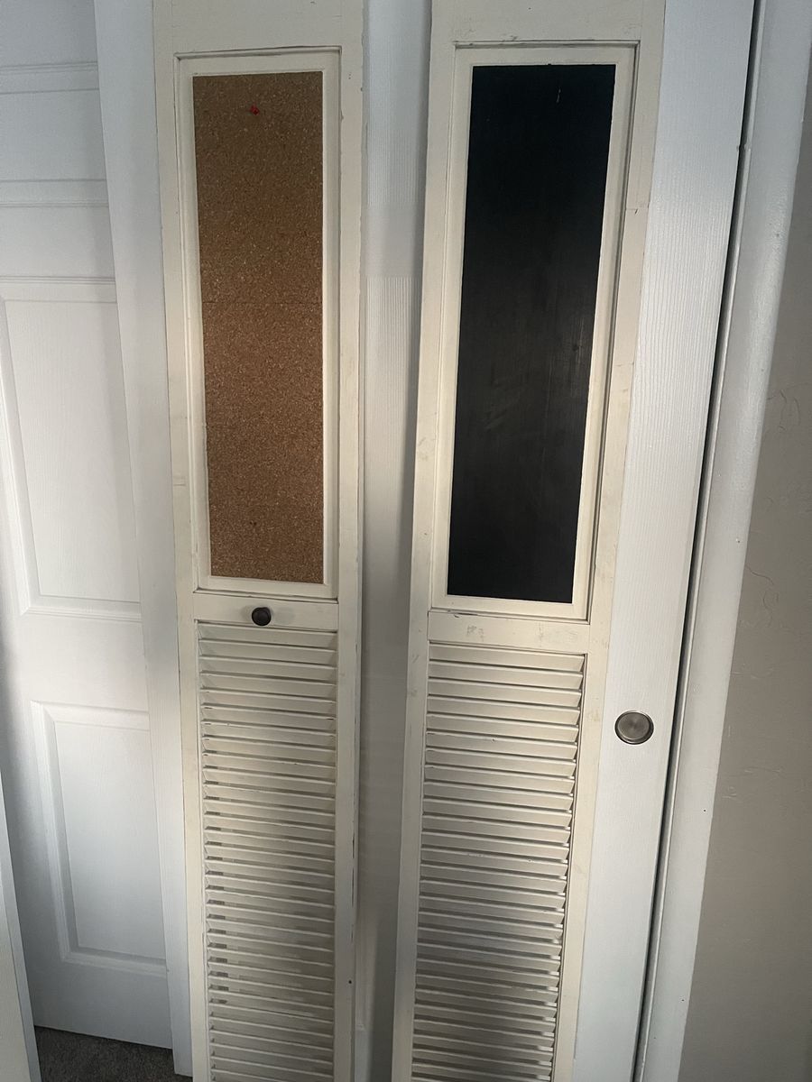 Pair of White Louvered Closet Doors with Chalkboard & Cork Board Panels