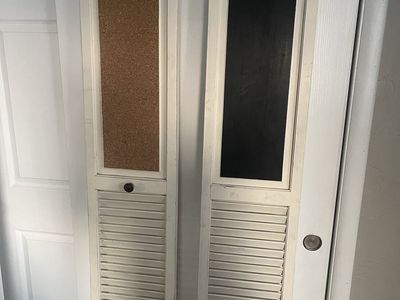 Pair of White Louvered Closet Doors with Chalkboard & Cork Board Panels