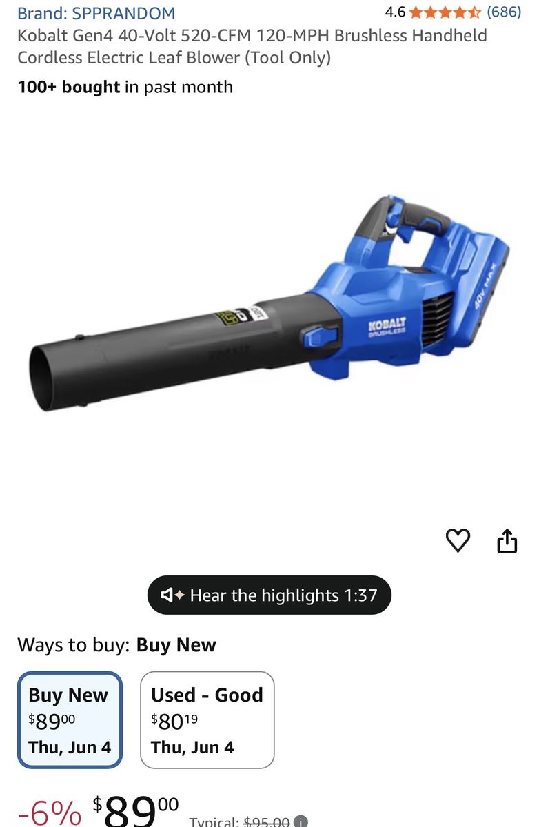 Kobalt Gen4 40-Volt 520-CFM 120-MPH Brushless Handheld Cordless Electric Leaf Blower (Tool Only)