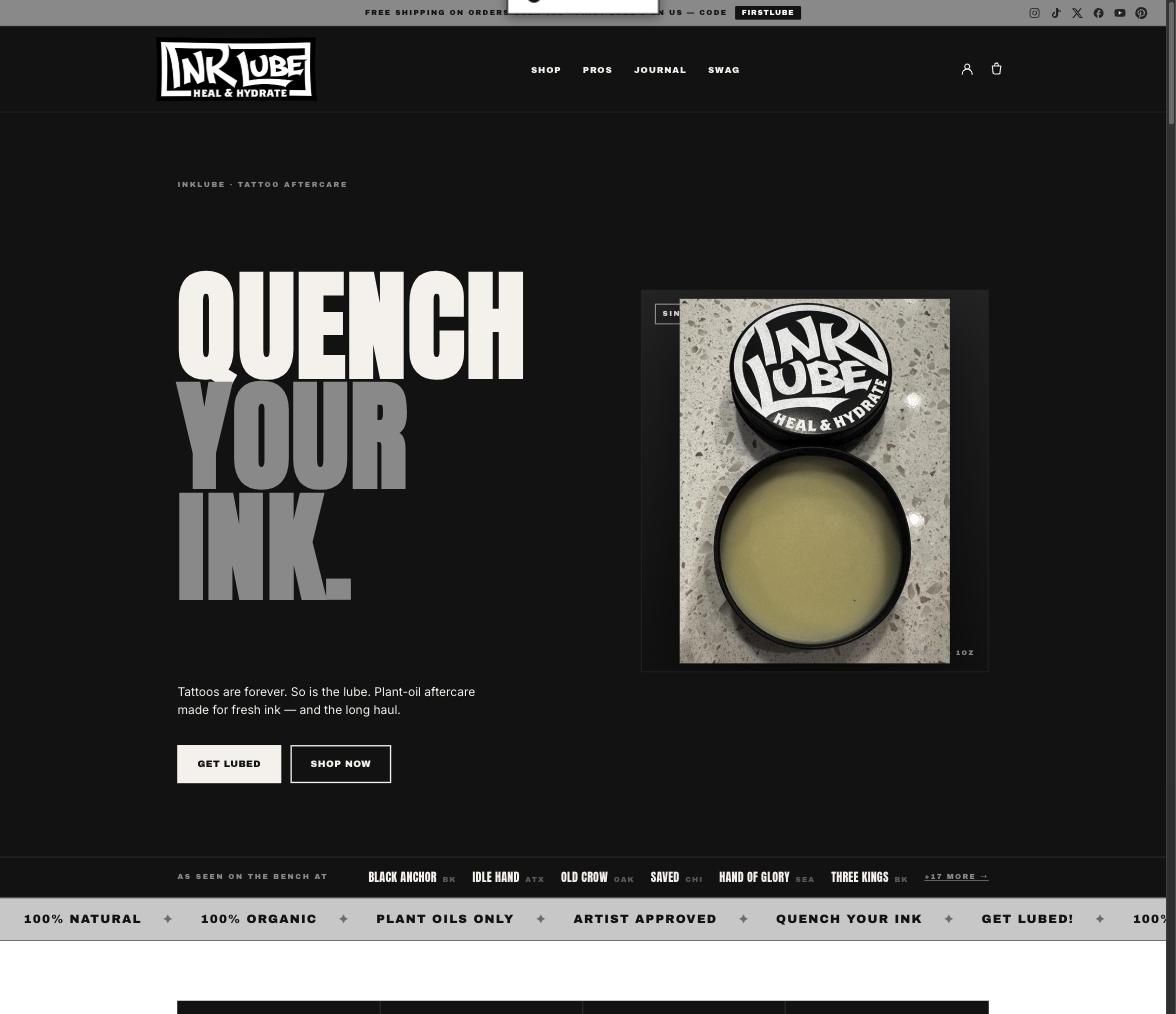 InkLube.com — Turnkey Tattoo Aftercare Brand | 78 URLs, Wholesale Funnel, Subscription Built