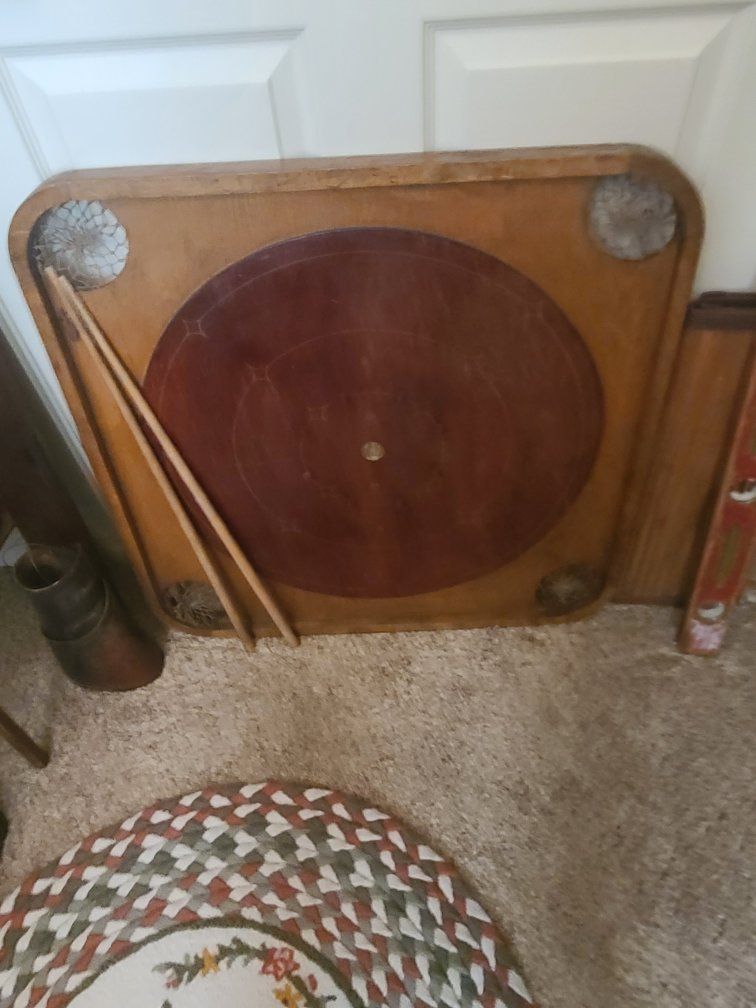 Antique Wooden Crokinole Board Game with Cues
