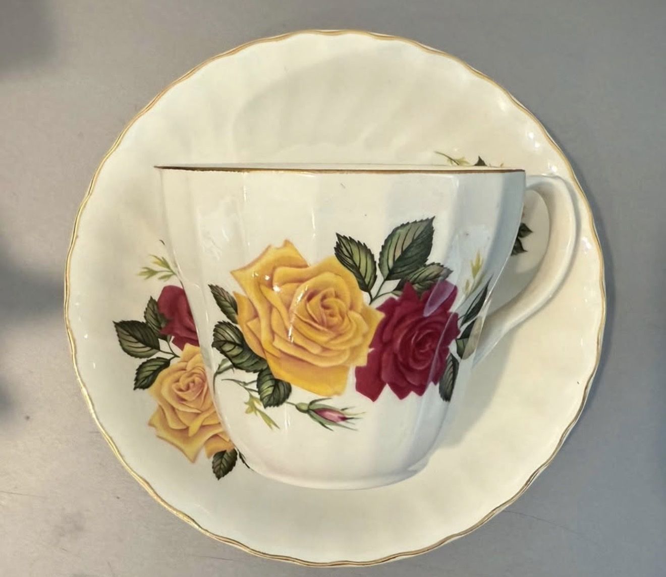 Vintage Floral Fine Bone China Teacup and Saucer Set with Yellow & Red Roses