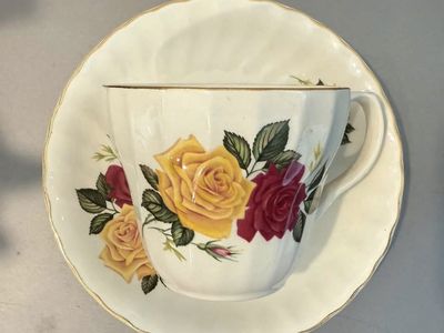 Vintage Floral Fine Bone China Teacup and Saucer Set with Yellow & Red Roses