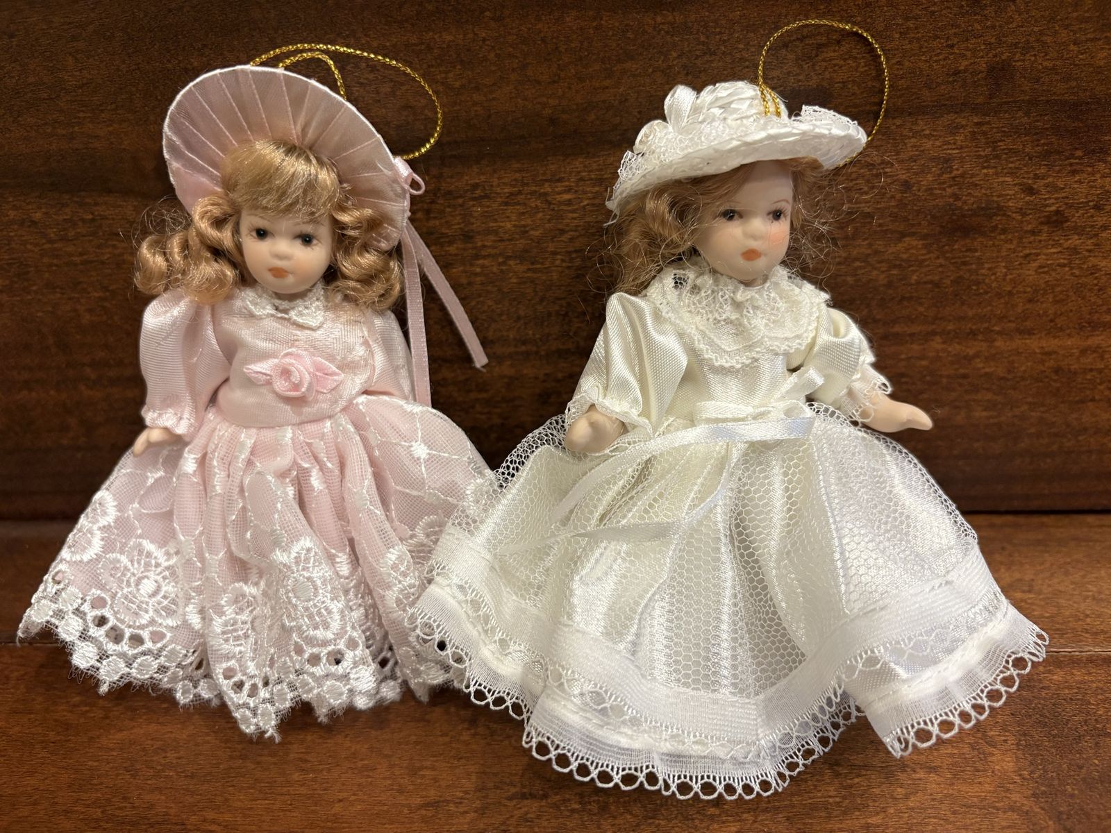 2 Miniature Porcelain Doll Ornaments