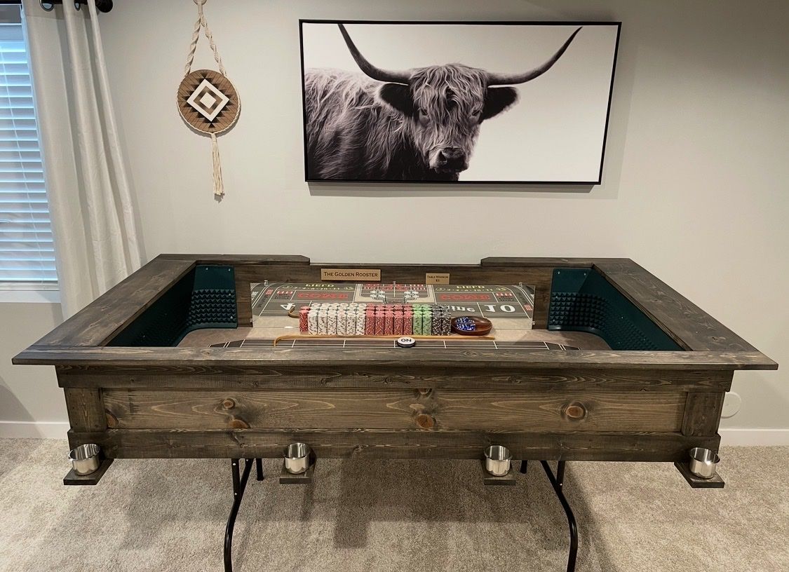 Custom Craps Table with Casino Chips and Dice - Game Room Centerpiece
