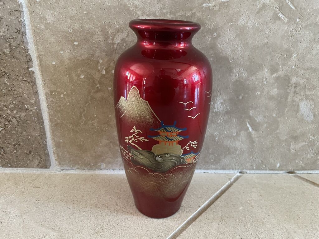 Vintage Blood Red Lacquer Vase W/ Gold Accents