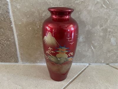 Vintage Blood Red Lacquer Vase W/ Gold Accents