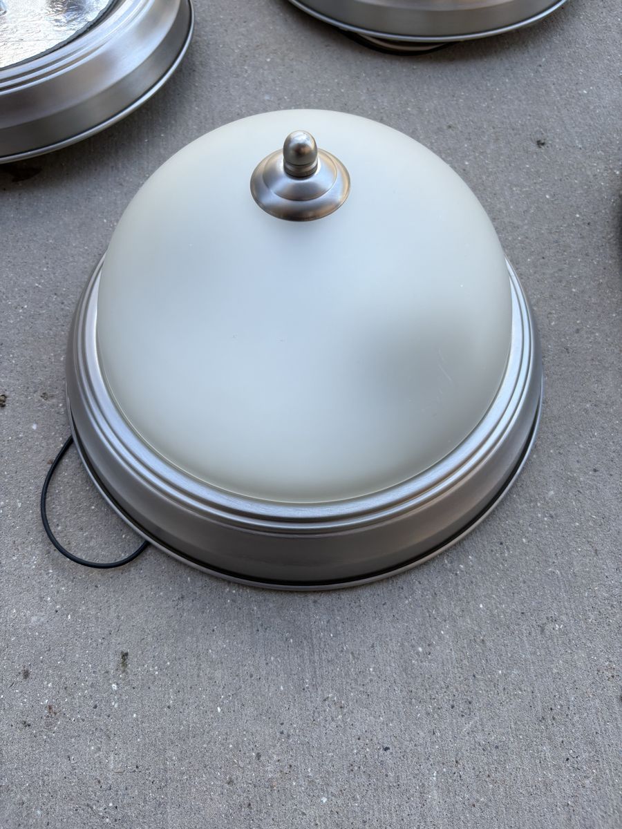 11 Matching Flush Mount Ceiling Light Fixtures – Frosted Glass & Brushed Nickel – Used
