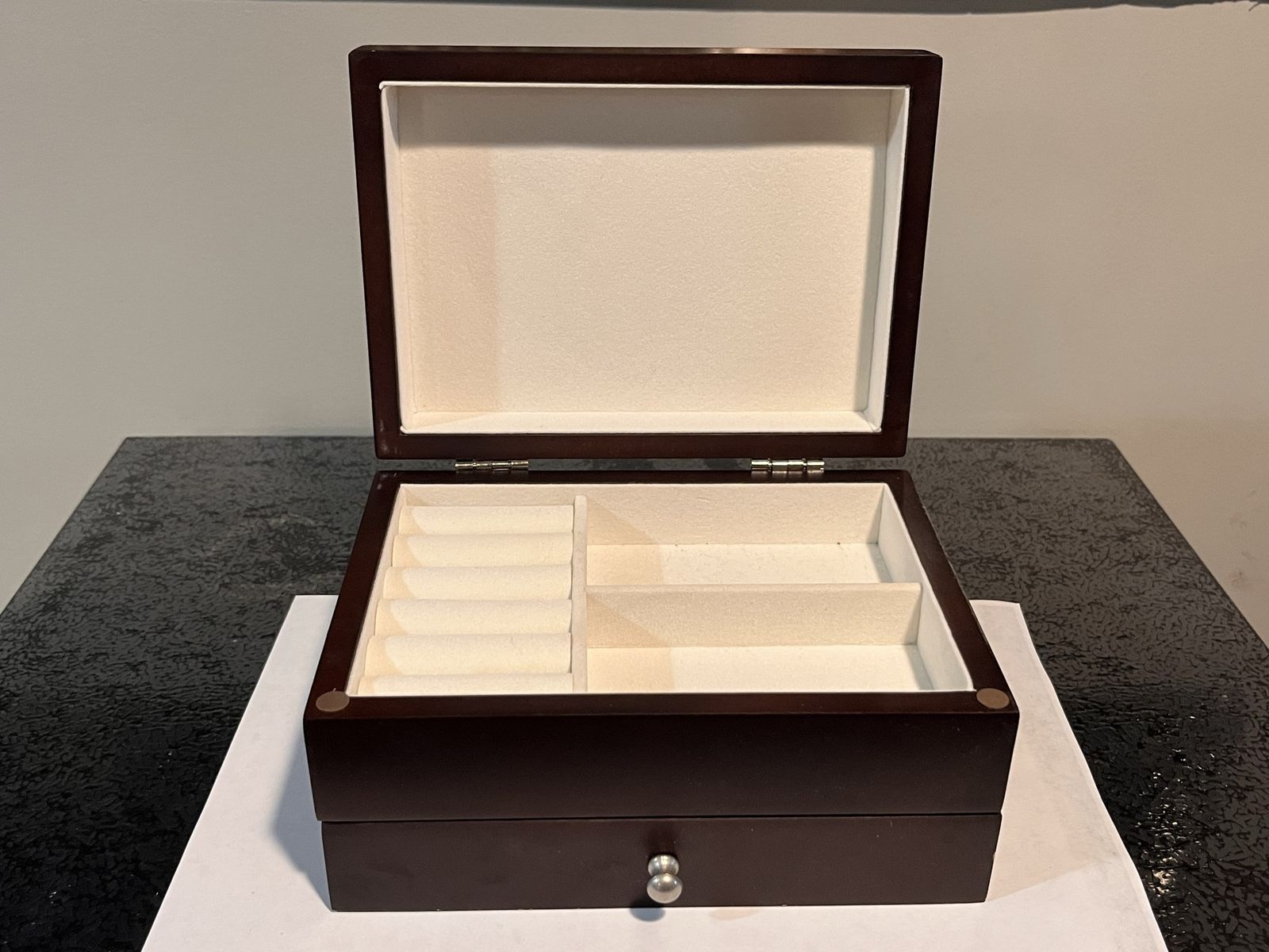 Elegant Dark Wood Jewelry Box with Glass Top & Drawer - Ring & Necklace Organizer