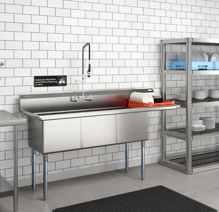75" Three Compartment 18"x18"x14" Stainless-Steel 18 Guage Commercial Sink w/ Right Drainboard