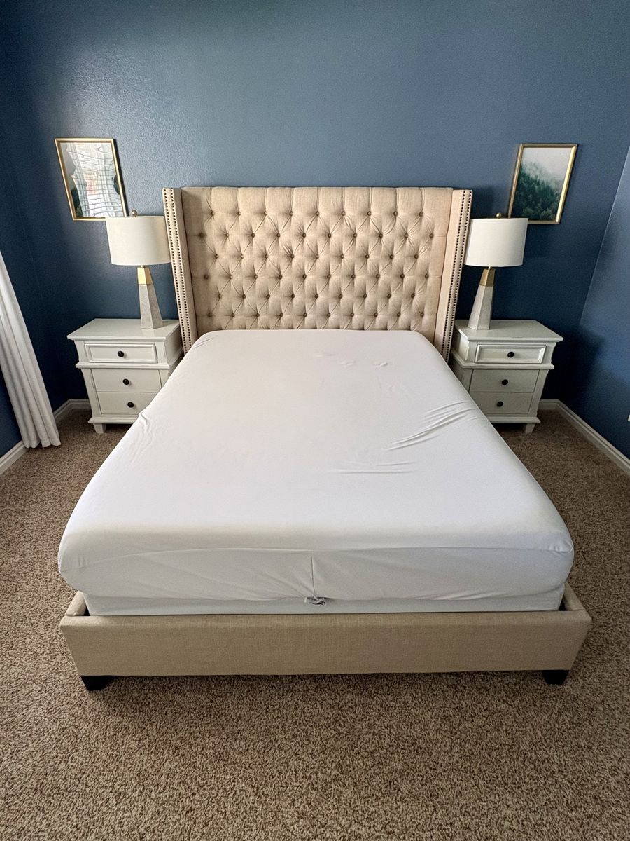 Tufted Wingback Upholstered Bed Frame - Queen Size, Beige Linen Fabric, Nailhead Trim