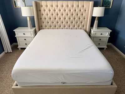 Tufted Wingback Upholstered Bed Frame - Queen Size, Beige Linen Fabric, Nailhead Trim