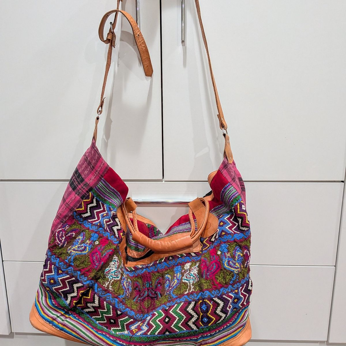 Guatemalan leather and fabric duffel bag