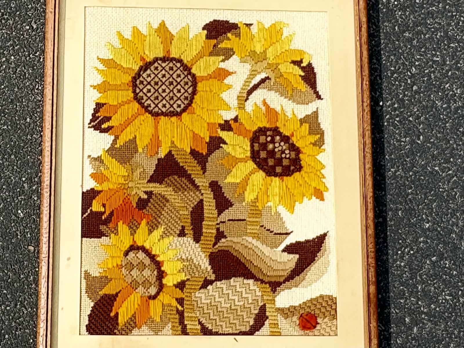 Vintage cross-stitch needlepoint flower framed  wall art, sunflowers