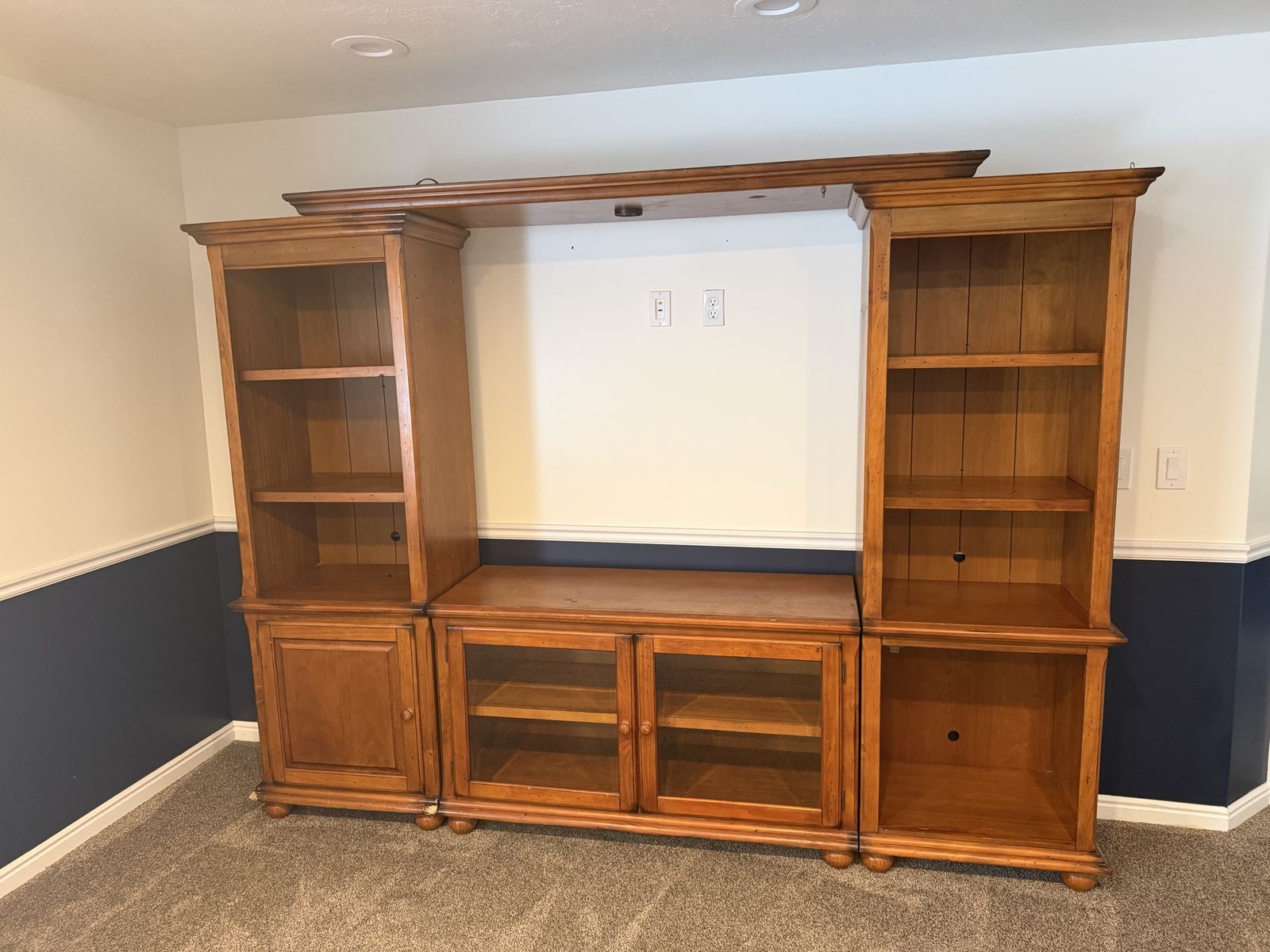 Wooden Entertainment Center Media Console Unit with Side Bookcases